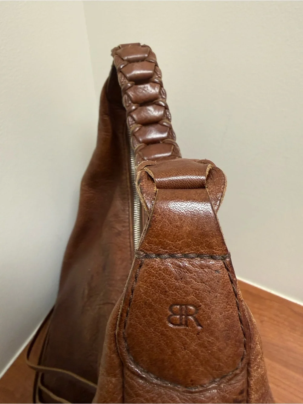 Banana Republic Vintage Brown Pebbled Leather Hobo Bag Braided Strap Tassel